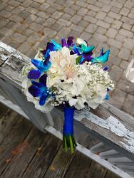 Blue and White clutch bouquet from Rose Garden Florist in Barnegat, NJ
