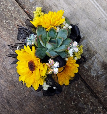 SUCCULENTS AND MINI SUNFLOWERS WRISTLET from Rose Garden Florist in Barnegat, NJ