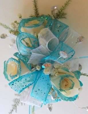 Aqua Glitter Tip Corsage from Rose Garden Florist in Barnegat, NJ